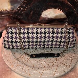 Apt. 9 Houndstooth Tweed Black Purple White With Silver Details Kissing Clutch